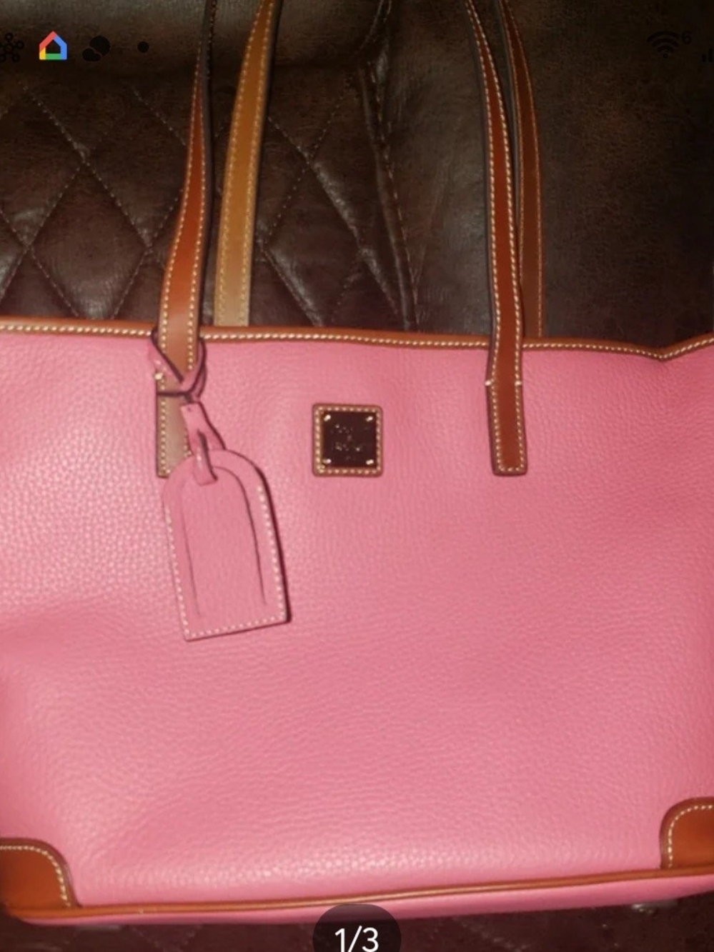 Dooney & Bourke Pink Leather Tote with Brown Trim and Tag